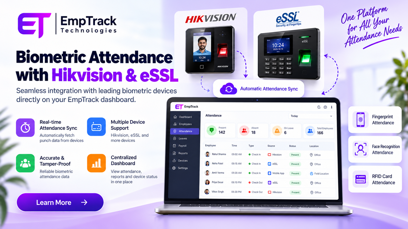 EmpTrack Cloud API Integration for Hikvision, eSSL, and ZKTeco Biometric Attendance Machines